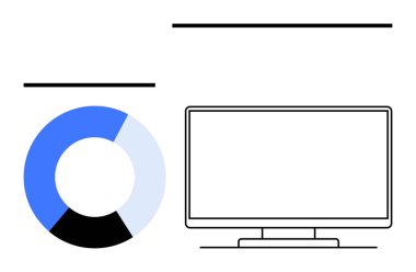 Bilgisayar, mavi, siyah ve açık mavi segmentli bir pasta grafiğinin yanında. Veri analizi, iş raporları, sunumlar, mali incelemeler, piyasa araştırmaları, eğitim amaçları için ideal