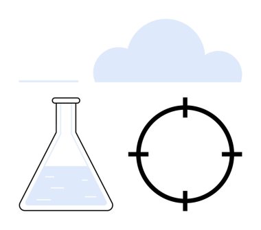Sıvı, açık mavi bulut ve siyah hedefli laboratuvar şişesi. Bilimsel araştırma, teknolojik yenilik, çevresel izleme, hassas araçlar, veri analizi, amaç