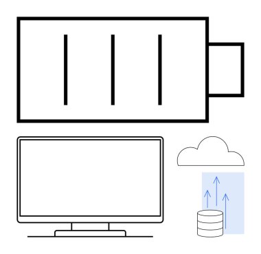 Kısmi şarjlı pil, bilgisayar monitörü veri depolamalı bulut ve okları yükle. Teknoloji, enerji yönetimi, veri görselleştirme, dijital depolama, bulut teknolojisi, çevrimiçi hizmetler için ideal