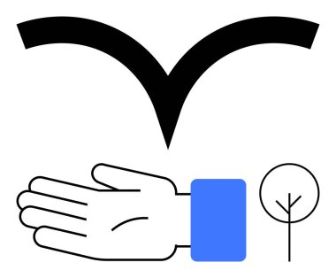 Mavi kollu, yukarıda siyah kuş şekilli, minimalist ağaç. Çevresel farkındalık, korunma, sürdürülebilirlik, destek, büyüme doğa temaları için idealdir. Satır metaforu