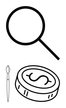 Büyüteç, boya fırçası ve bir dolar işareti ile madeni para buluşu, yaratıcılığı ve finansmanı temsil eder. Eğitim, finans, yaratıcı endüstriler, pazarlama yenilik ticareti için ideal