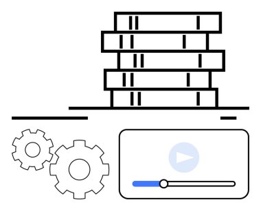 Sunucu yığınları, iki vites ve bir çalma düğmesi ve kaydırma ile video oynatma arayüzü. Teknoloji, bilişim altyapısı, çevrimiçi öğrenme, video üretimi, sistem yönetimi, veri depolama için ideal