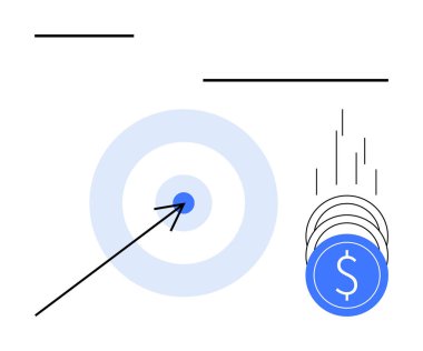 Ok mavi hedefi vuruyor, madeni başarıyı işaret eden dolar işaretleriyle para birikiyor. İş stratejisi, mali büyüme, başarı, hedef belirleme, yatırım, pazarlama için ideal