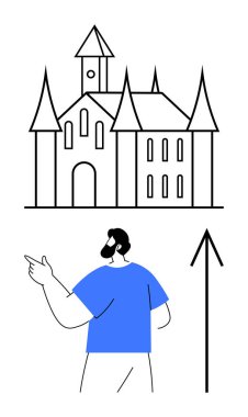 Man pointing towards a castle with a large arrow beside him. Ideal for travel, guidance, fantasy, tourism, historical themes, navigation, educational purposes. Line metaphor clipart