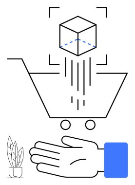 Alışveriş arabası, AR çerçevesinde küp, mavi kollu el, saksı bitkisi. E-ticaret, AR, çevrimiçi alışveriş, teknolojik yenilik kullanıcı arayüzleri için ideal. Satır metaforu