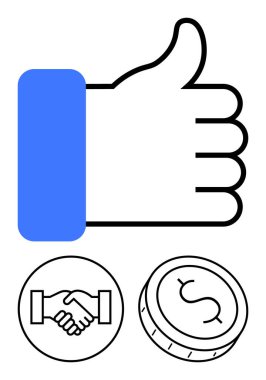 Mavi kollu büyük baş parmaklar, küçük el sıkışma dairesi logosu ve para sikkesi ikonu. İş anlaşmaları, mali başarı, ortaklıklar, işbirlikleri, olumlu geri bildirim, büyüme için ideal