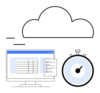 Hesap tablosu, kontrol listesi, kronometre ve bulut sembollü bilgisayar ekranı. Üretkenlik, verimlilik, bulut depolama, çevrimiçi organizasyon, zaman yönetimi, görev izleme kavramları için ideal