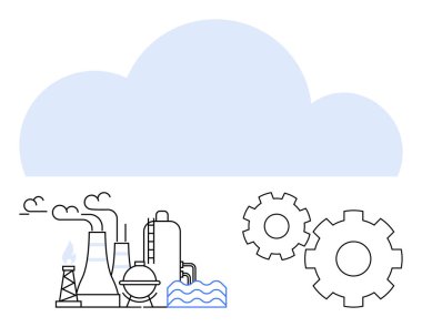 Bacaları ve makineleri olan sanayi fabrikası duman çıkaran, ön planda dişli tekerlekleri olan, ve bir bulut. Endüstri, otomasyon, teknoloji, imalat, bulut hesaplama, bütünleşme için ideal
