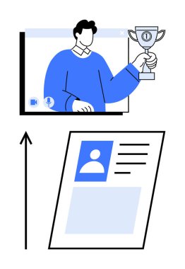 Ekranda ödülü tutan kişi ve yukarı doğru ok ile dijital profil. Başarı, başarı, çevrimiçi büyüme, motivasyon, liderlik, ilerleme, kariyer için ideal. Satır metaforu