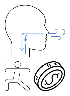İnsan kafası nefes alıyor, fiziksel aktivite sergiliyor, para kazanıyor. Sağlık, zindelik, sağlık, farkındalık, ekonomik denge gerilimi azaltma kavramları için idealdir. Satır metaforu