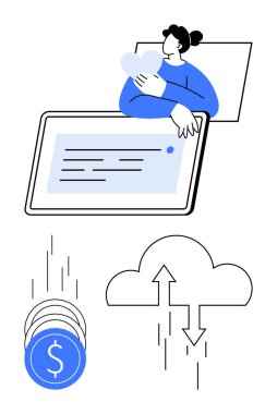 Tabletin yanında kalp taşıyan bir kadın dolar işaretli paralar bulut deposuna düşüyor. Dijital finans, çevrimiçi işlemler, bulut depolama, para tasarrufu, yatırım, fintech, dijital