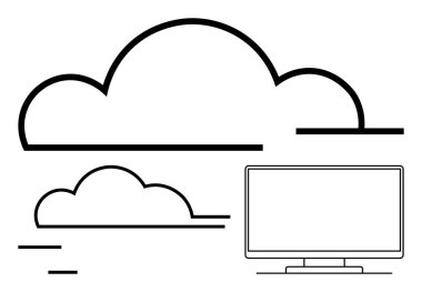 Büyük bulut, küçük bulut ve minimalist çizgi sanatında bilgisayar monitörü. Teknoloji, bulut depolama, veri yönetimi, çevrimiçi hizmetler, dijital varlık web sunuculuğu için ideal. Satır metaforu