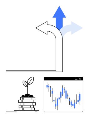 Büyüyen ok, dalgalanan finansal tablo ve istiflenmiş paralardan filizlenen bitki. Finans, yatırım, ekonomi, büyüme stratejisi, mali planlama, iş başarısı ve ekonomi için ideal