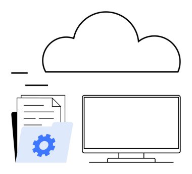Bulut simgesi, içinde dişli sembolü olan bir klasörde belgeler, bilgisayar monitörü. Bulut bilgisayarı, veri depolama, belge yönetimi, bilişim hizmetleri, dijital iş akışı, uzaktan erişim ve iş için ideal