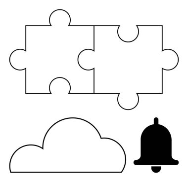 Two connected puzzle pieces, a cloud shape, and a bell. Ideal for teamwork, problem-solving, cloud computing, weather forecasting, notifications alerts and communication themes. Line metaphor clipart