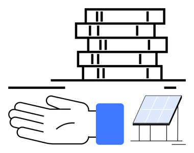 Hand, solar panel, and modern building. Ideal for sustainability, renewable energy, innovation, construction, technology environment and clean energy topics. Line metaphor clipart