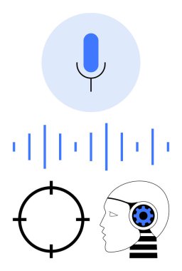 Mikrofon ikonu, ses dalgası, hedef sembol ve teçhizatlı yapay zeka kafası. Yapay zeka, ses tanıma, dijital yardım, teknoloji otomasyonu kullanıcı arayüzleri ve hassas hedefleme için ideal. Çizgi