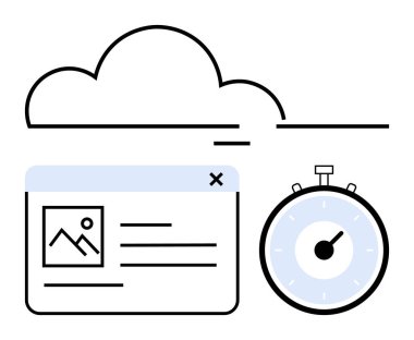 Bir web sayfası ve kronometre üzerinde bulut. Bulut hesaplama, veri depolama, verimlilik, hız, çevrimiçi hizmetler, teknoloji, dijital dönüşüm için ideal. Satır metaforu