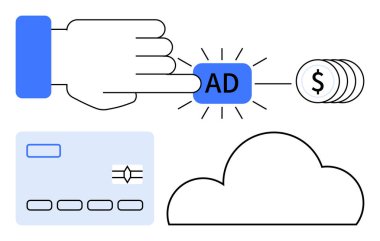 AD tuşuna basmak, madeni para simgesi, kredi kartı ve bulut taslağı. Çevrimiçi reklamcılık, dijital pazarlama, e-ticaret, finansal işlemler, bulut hizmetleri iş stratejisi için ideal