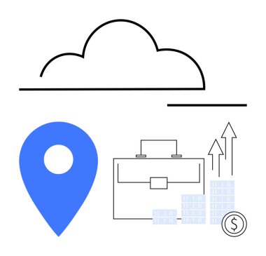 Yer belirleme işareti, evrak çantası ve ekonomik büyüme grafiğinin üzerinde bulut simgesi. İş analizleri, bulut depolama, yer tespit hizmetleri, ekonomik büyüme, finansal planlama, teknoloji için ideal