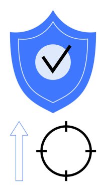 Blue shield with checkmark symbolizing security, arrow representing progress, and crosshair indicating precision. Ideal for cybersecurity, personal growth, goal setting, health, business strategy clipart