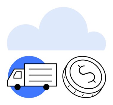 Lojistik, ulaşım ve finansal bütünleşmeyi sembolize eden bulut altındaki madeni paranın yanında teslimat kamyonu. E-ticaret, taşımacılık, bulut hizmetleri, finans teknolojisi, tedarik zinciri, çevrimiçi ticaret için ideal