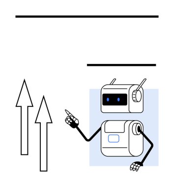 Robot oklarla yukarıya bakıyor. Teknoloji, eğitim, yenilik, büyüme, rehberlik, fütüristik temalar, yapay zeka çizgisi metaforu için ideal