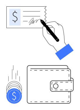 Kalem imzalama kontrolü, hareket halindeki madeni paralar ve finansal işlemleri temsil eden cüzdan. Bankacılık, finans, tasarruf, ödemeler, bütçe hesaplaması için ideal. Satır metaforu