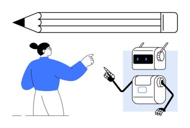 Mavili insanlar robotu büyük kalemin yanına doğrultuyor, işbirliğini, teknolojiyi, takım çalışmasını, eğitimi, yeniliği, yapay zekayı, yaratıcılığı vurguluyor. Takım çalışması ve teknoloji için ideal.
