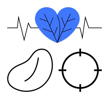 Damarlı mavi kalp, böbrek şekli, hedef sembol ve EKG çizgisi. Sağlık, sağlık, zindelik, hassas organ sağlığı teması için ideal. Satır metaforu