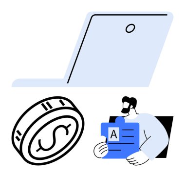 Basitleştirilmiş dizüstü bilgisayar, para birimi, profesyonel elde tutma belgesi. Finans, iş, teknoloji yatırım analiz stratejisi bankacılığı için idealdir. Çizgi benzetmesi. Çizgi benzetmesi. Basit satır simgeleri