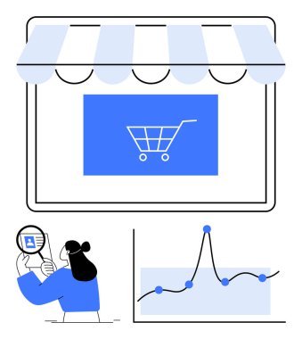Alışveriş arabası, grafik, büyüteçle e-ticaret ve analiz yapan kişi. İş stratejisi, çevrimiçi alışveriş, veri analizi, dijital pazarlama, büyüme izleme, satış eğilimleri için ideal