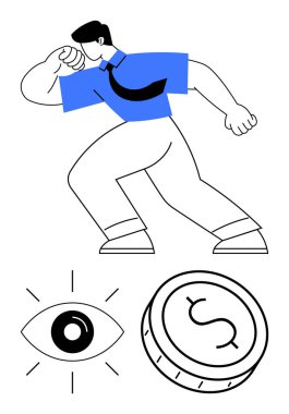 İş adamı, göz motifi ve dolar parasıyla güvenle ilerliyor. İş stratejisi, liderlik, vizyon, finans, başarı, kararlılık girişimi için ideal. Satır metaforu