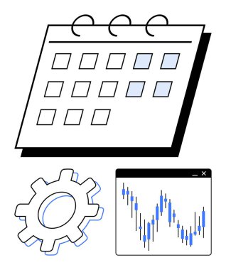 İşaretli tarihleri, vites simgesini ve borsa çizelgesini gösteren organizasyon, bakım ve finansal analizlerle dolu bir takvim. Planlama, iş stratejisi, üretkenlik ve finans için ideal