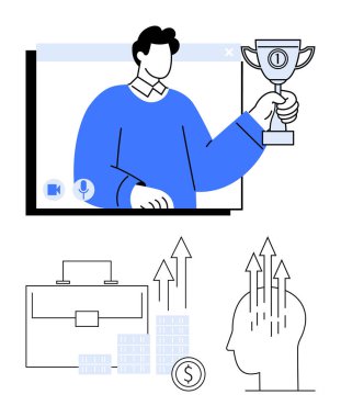 Sanal sunum sırasında ödülü elinde tutan kişi evrak çantası ve yükselen bar tablosu üzerinde dolar işareti olan kafası yeniliği simgeleyen oklar olan kişi. Başarı, motivasyon ve iş büyümesi için ideal