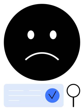 Ağzı çökmüş üzgün surat, işaretli belge, büyüteç. Reddetme, başarısızlık, hayal kırıklığı, başarısız arama, olumsuz geri bildirim, duygusal tepki için ideal