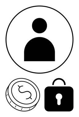 Çemberi, bir dolar parası ve kilidi olan kullanıcı profili simgesi. Kullanıcı hesapları, finansal uygulamalar, mahremiyet, güvenlik, banka elektronik işlemleri için ideal. Satır metaforu