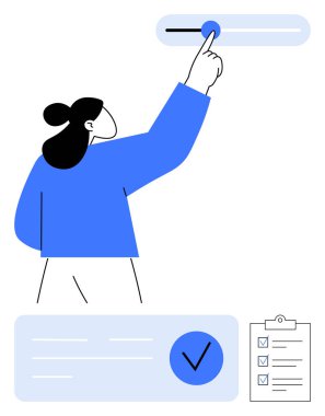 Kişi kaydırma çubuğunu ayarlar, işaretli işaretler ve işaretlenmiş bir kontrol kutusuyla çevrilidir. Proje yönetimi, kullanıcı arayüzü, görev örgütü, hedef belirleme, üretkenlik ve planlama için ideal