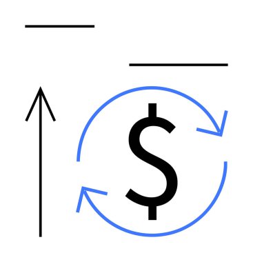 Yuvarlak oklarla çevrili bir dolar işaretinin yanındaki yukarı bakan ok. Finans, iş büyümesi, yatırım, karlılık, ekonomik eğilimler, piyasa analizi ve gelir artışı için ideal. Çizgi