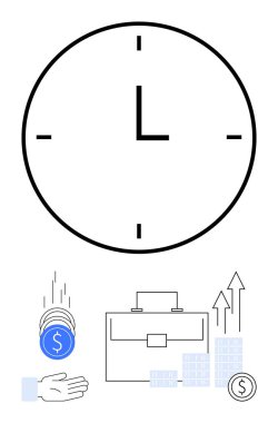 Zamanı gösteren büyük bir saat, bozuk paralarla el, evrak çantası, yukarı doğru oklu çubuk grafikler büyümeyi ve para birimi sembollerini temsil ediyor. İş, finans, üretkenlik, yatırım planlaması için ideal