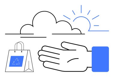 Geri dönüşüm sembollü kağıt torba, uzatılmış el, bulut ve güneş. Sürdürülebilirlik, çevre koruma, geri dönüşüm, çevre dostu uygulamalar, yenilenebilir enerji temiz yaşam ve toplum için ideal