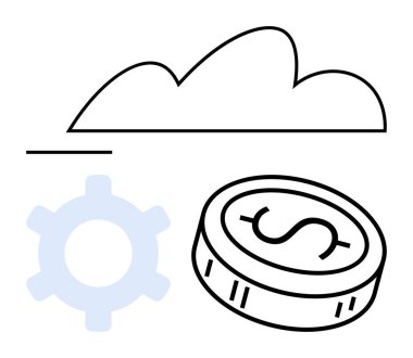 Bulut çizgisi, dolar parası ve bulut teknolojisini, finansal büyümeyi ve verimliliği temsil eden açık mavi çark. İş, teknoloji, finans, bulut hizmetleri girişimciliği için ideal