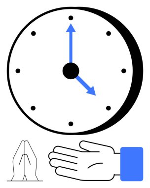 Clock with blue hands and black dots, praying hands, and hand giving elements. Ideal for concepts of time, faith, generosity, prayer, giving punctuality spirituality. Line metaphor clipart