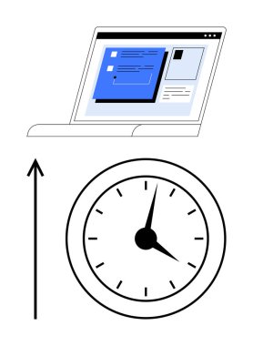 Açık ağlı dizüstü bilgisayar, yukarı bakan bir saat okunun üstünde v19. sayfa. Zaman yönetimi, verimlilik, verimlilik, odaklanma, planlama, gelişme için ideal. Satır metaforu