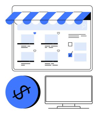 Çeşitli ürün listeleri, tente ve dolar işaretleriyle alışveriş sitesi arayüzü. E-ticaret, online alışveriş, dijital pazarlama, perakende satış, iş web tasarımı finansal işlemler için idealdir. Çizgi