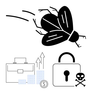 Kötü amaçlı yazılımı temsil eden böcek, evrak çantası ve para yığınlarıyla temsil edilen finansal büyüme, güvenli kilit. Siber güvenlik, finans, risk yönetimi, veri koruması, iş güvenliği, çevrimiçi için ideal