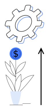Dolar işaretli dişli fabrika yukarı doğru çiçek açıyor. Ticari büyüme yeniliği vurgulanıyor, başarı. Finans, yatırım, girişimcilik, ekonomik kalkınma, ilerleme, sürdürülebilirlik için idealdir. Çizgi