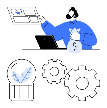 Man reviewing financial report while holding money bag, gears representing work process, and plant in flask symbolizing innovation. Ideal for finance, business strategy, growth, planning, future clipart