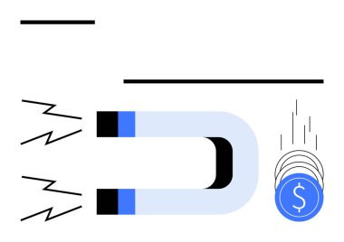 At nalı mıknatısı maddi kazancı sembolize eden bir dolar işaretli bozuk para yığınını çekiyor. Finansal büyüme, zenginlik birikimi, yatırım stratejileri, iş başarısı ve ekonomi için ideal