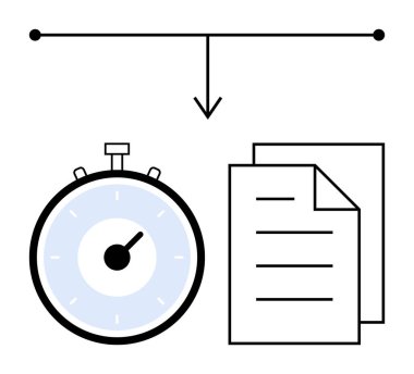 Stopwatch kağıtları ve aşağı doğru oklu bir zaman çizelgesi. Zaman yönetimi, proje planlaması, mühlet, verimlilik, verimlilik, görev öncelikleri, organizasyon için ideal. Satır metaforu